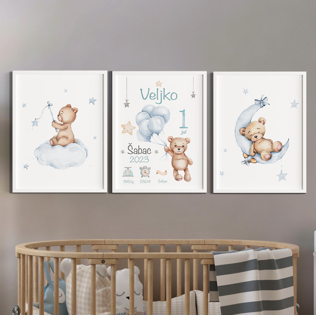 Set karta rođenja i dve ukrasne slike uspavani plavi meda