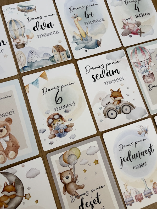 Kartice uspomena za bebe - Milestone cards za prve mesece -  dečak