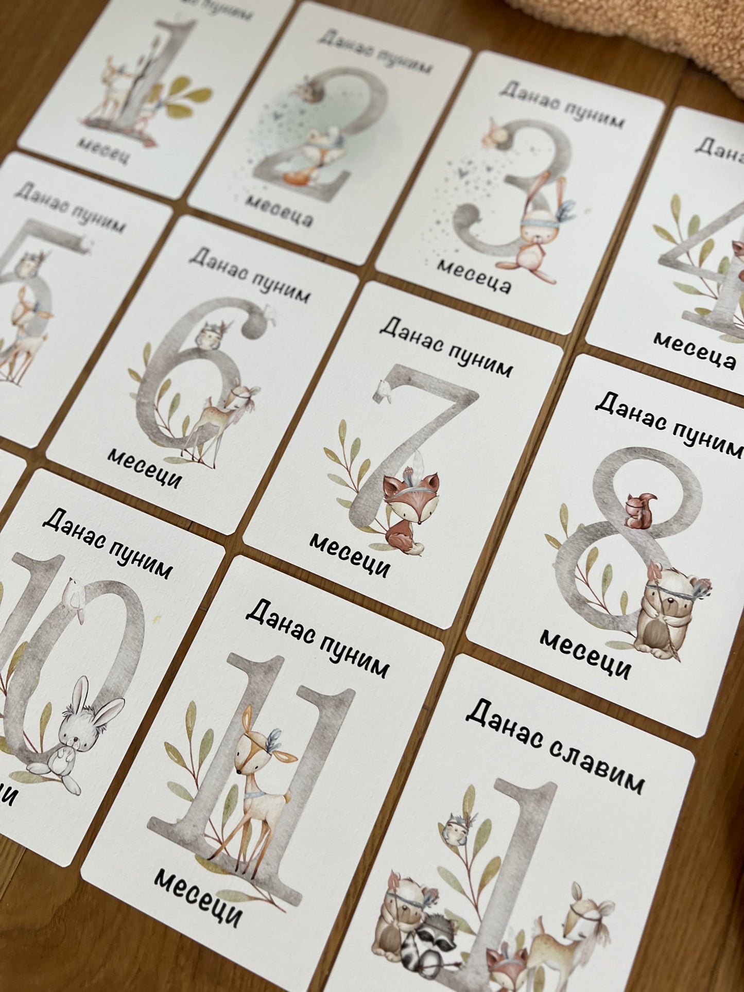 Kartice uspomena za bebe - Milestone cards za prve mesece -  šumska družina