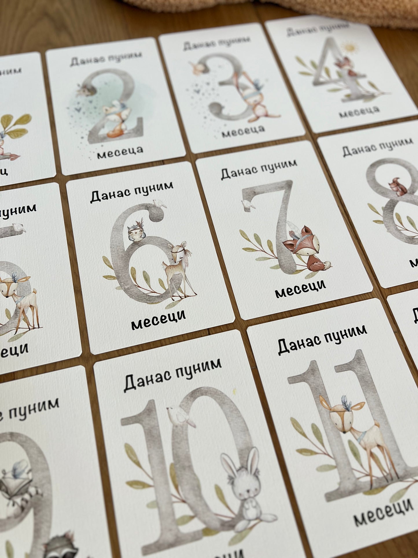 Kartice uspomena za bebe - Milestone cards za prve mesece -  šumska družina
