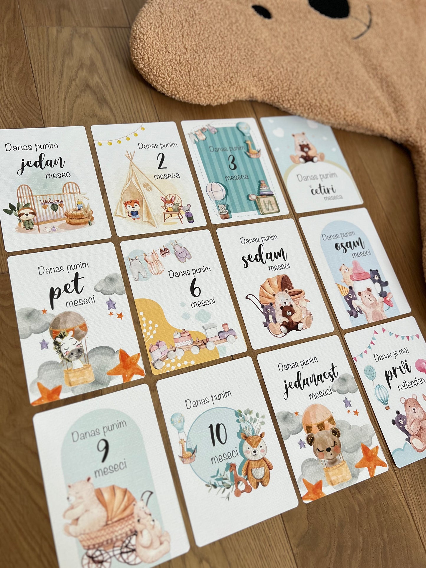 Kartice uspomena za bebe - Milestone cards za prve mesece -  boho