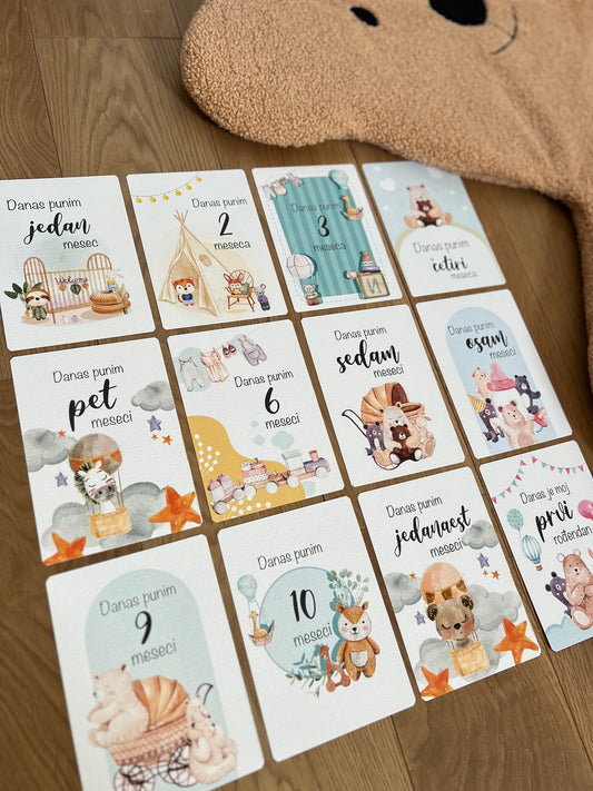 Kartice uspomena za bebe - Milestone cards za prve mesece -  boho