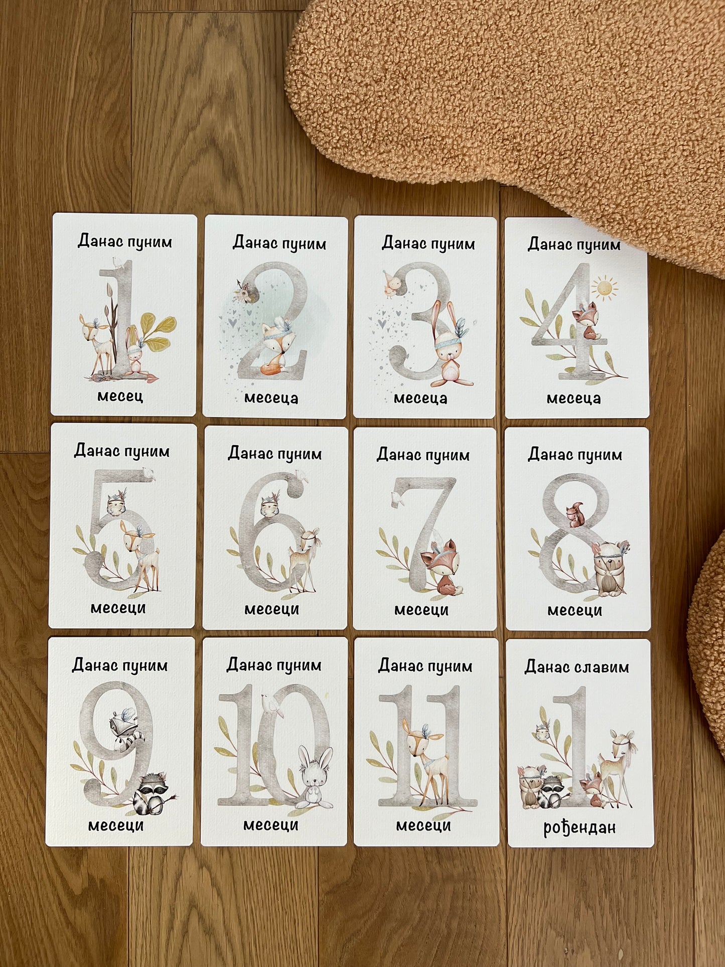 Kartice uspomena za bebe - Milestone cards za prve mesece -  šumska družina